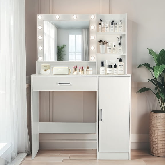 White Makeup Vanity Desk with Mirror & LED Lights, 2 Drawers, 6 Shelves, Power Outlet, 3 Lighting Modes, Cushioned Stool