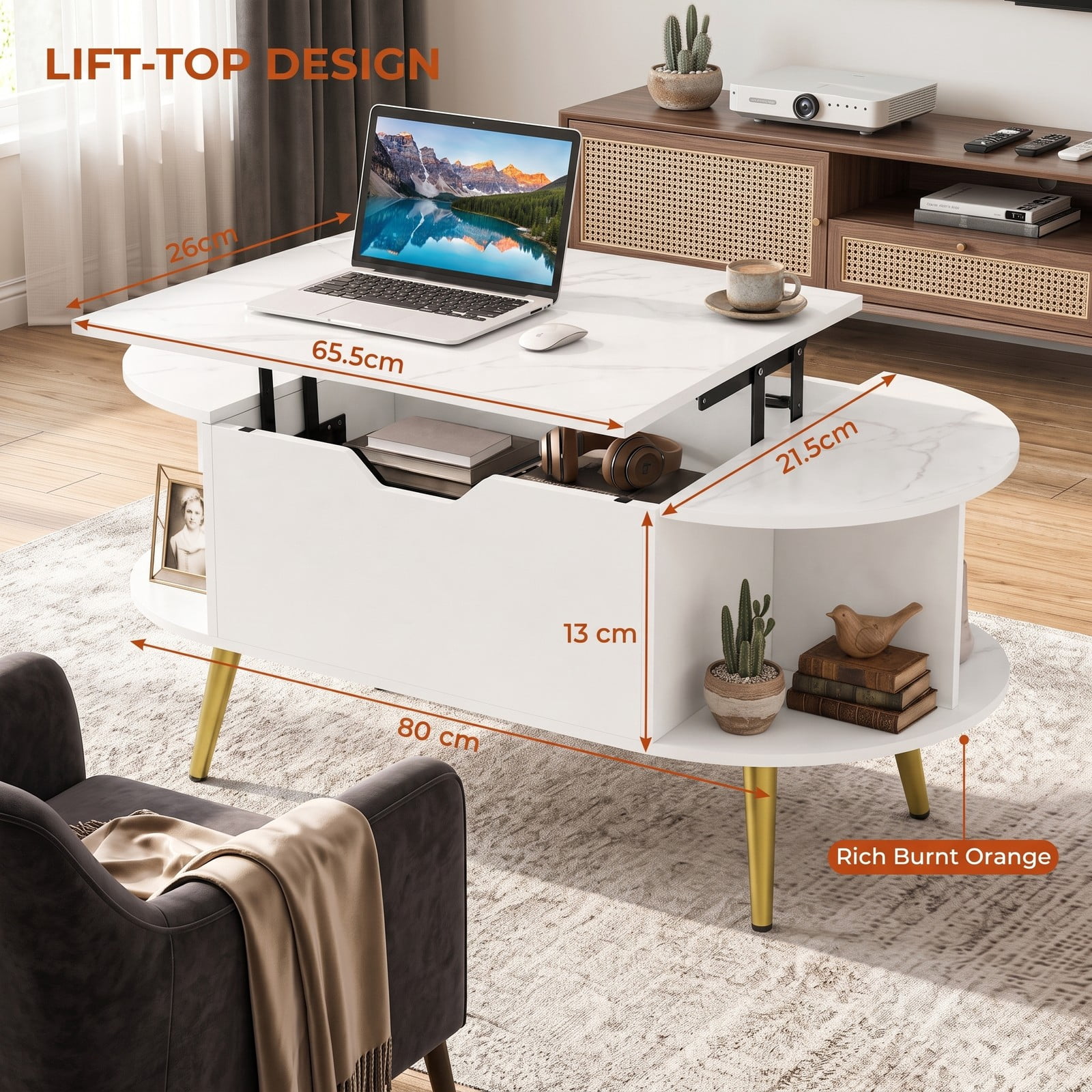 Furnibear Faux Marble Lift Top Coffee Table with Hidden Compartment and Side Shelves, 2-in-1 Rectangle Storage Center Table for Living Room, Engineered Wood &, White