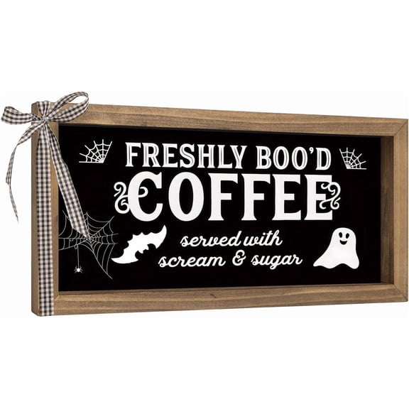 Halloween Coffee Bar Decor, 11.8x6 Inch Wooden Freshly Booed Coffee Station Sign, Indoor Table Wall Art Shelf Desk Rustic Farmhouse Ghost Decorations for Home Kitchen Office