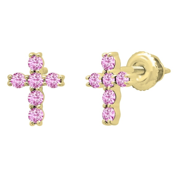 Dazzlingrock Collection Round Pink Sapphire Mini Cross Screwback Stud Earrings for Women (Color Pink, Clarity Highly Included) in 14K Yellow Gold