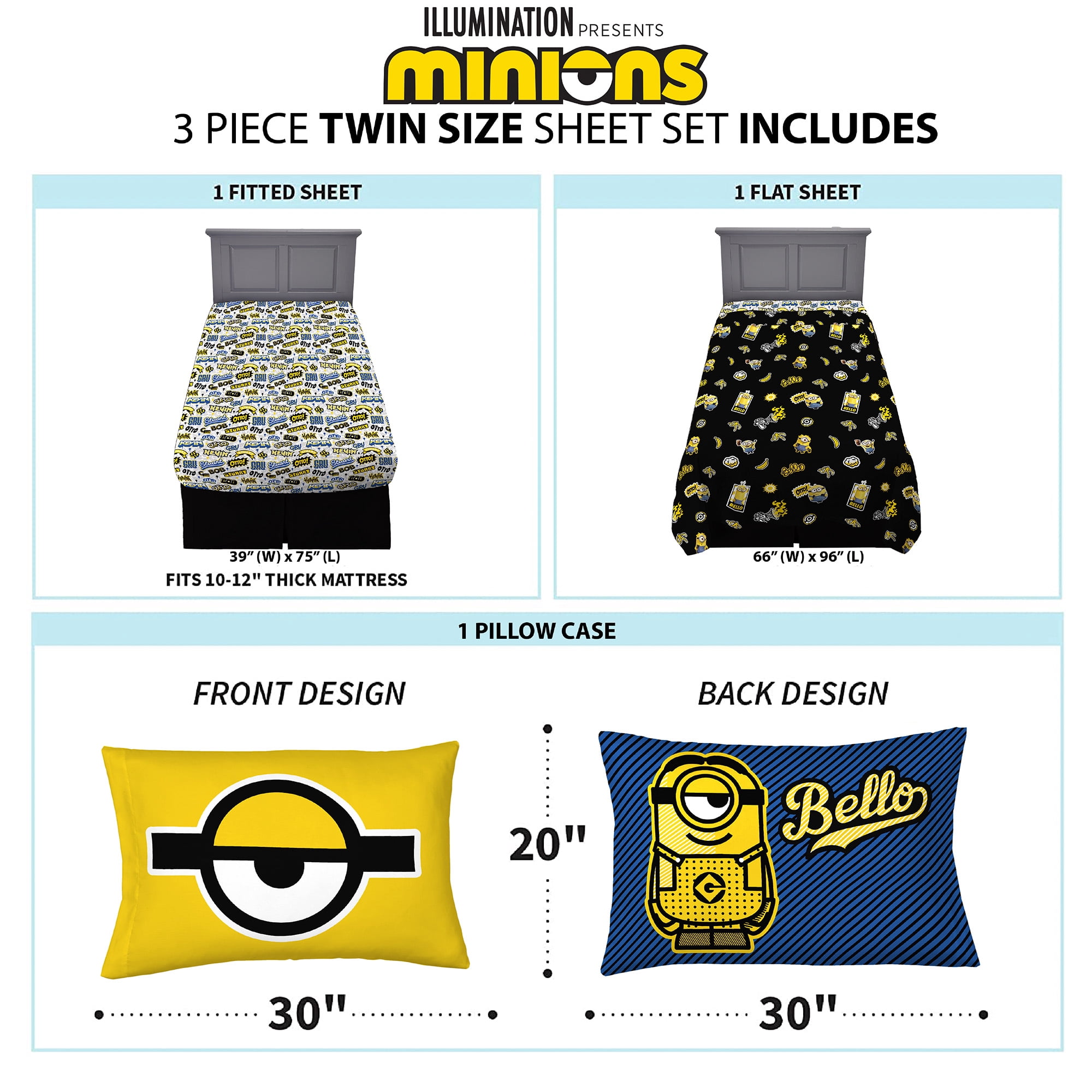 Minions Kids Twin Sheet Set, Black and Yellow, Universal