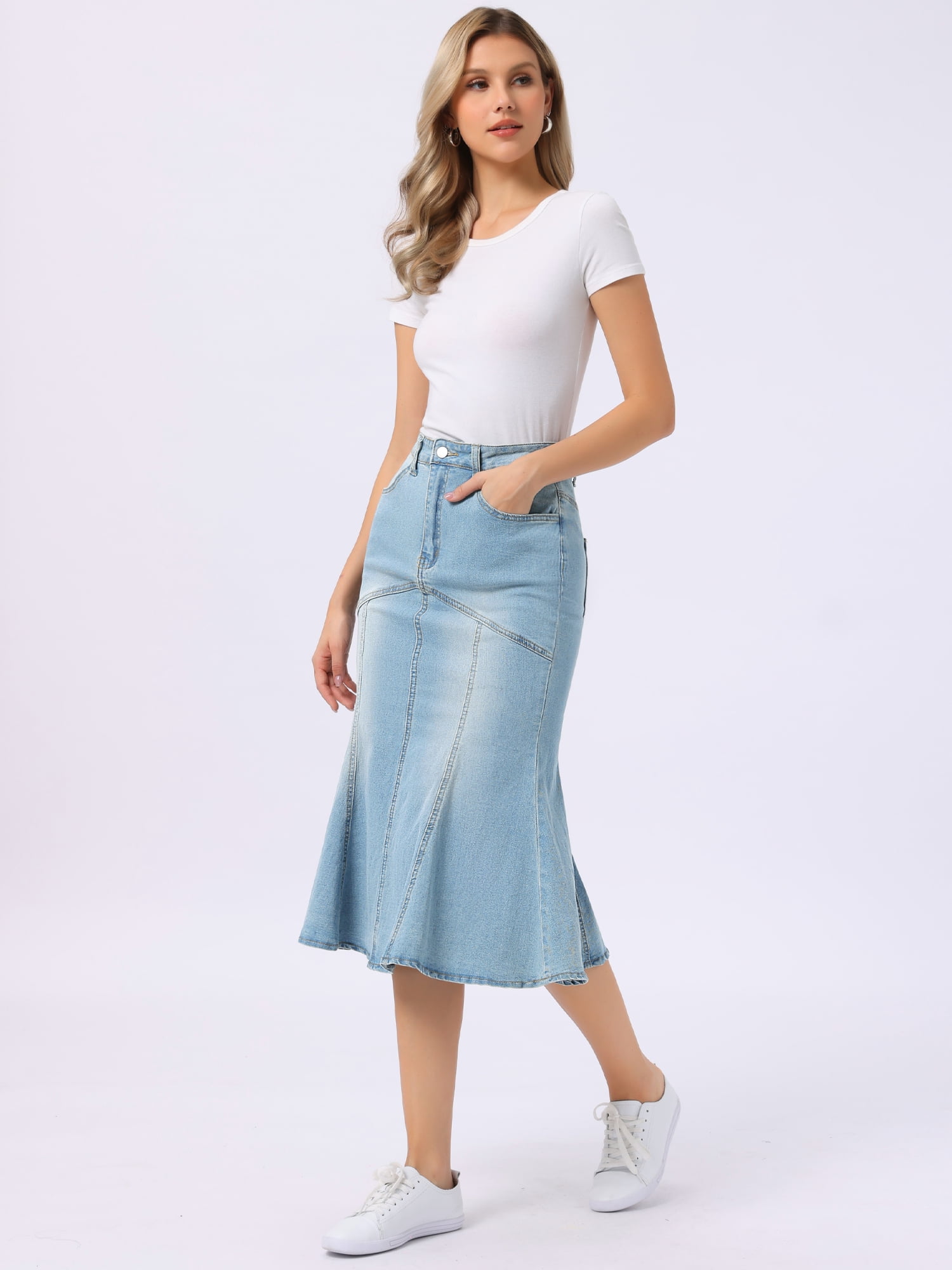 DARING DIVA Fishtail Denim Skirt Women's Washed Midi Jean Bodycon Skirt S Light Blue