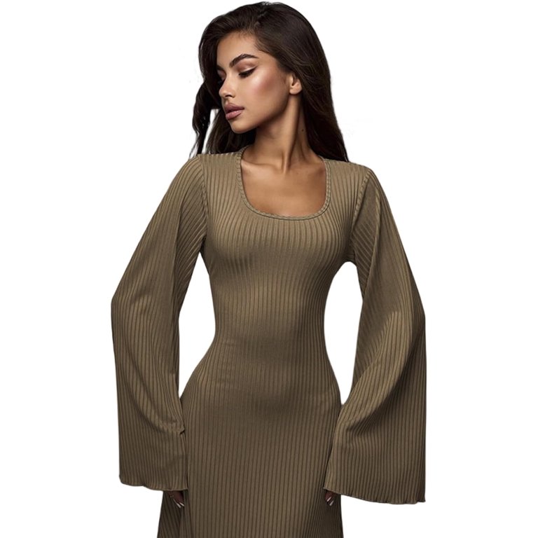 Women's Scoop Neck Lace Up Ribbed Maxi Dress Knit Flare Sleeve Bodycon Dress  Loose Casual Long Dresses