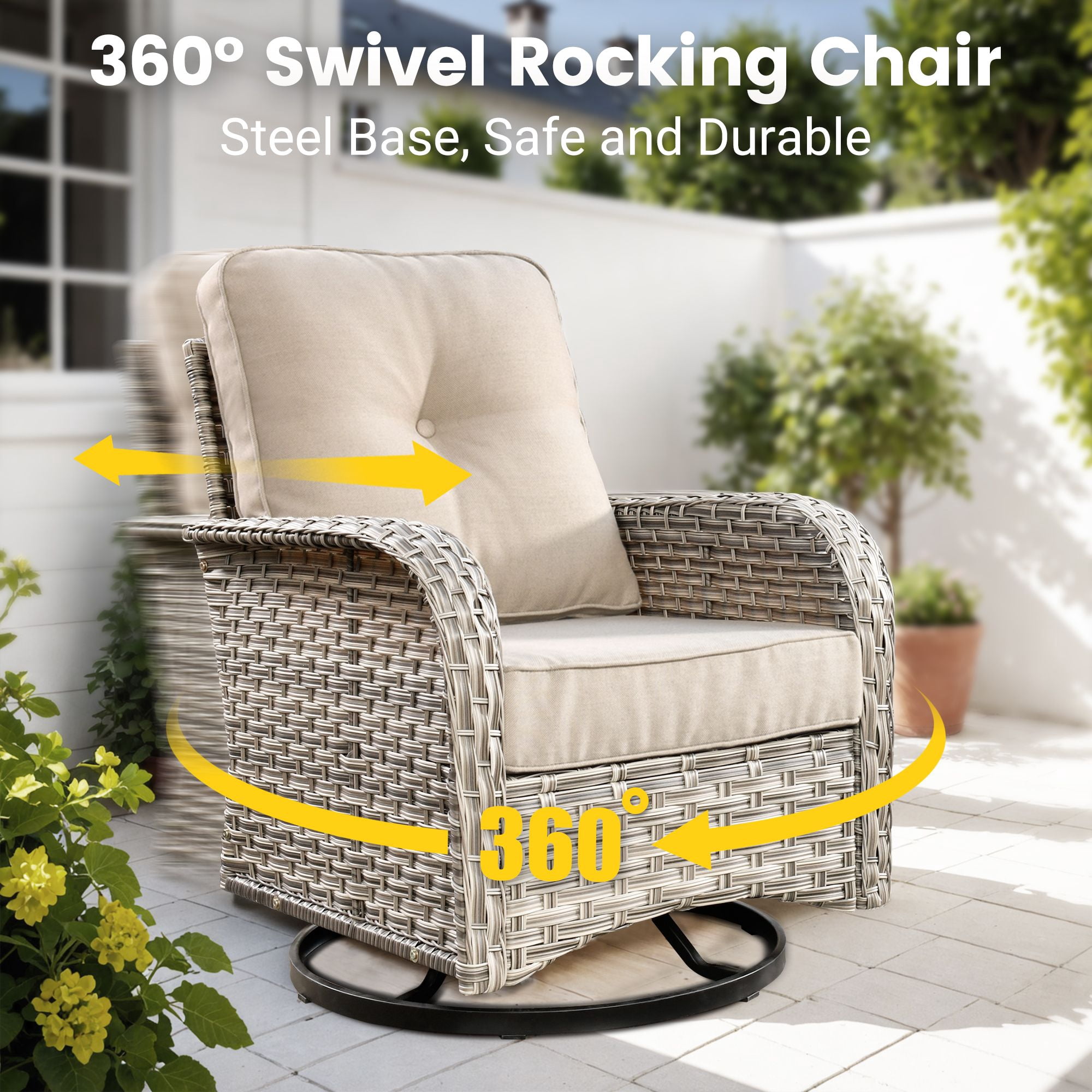 Vcatnet 3 Pieces Outdoor Patio Furniture Wicker Swivel Rocking Chair Swivel Rocker Patio Chairs Set of 2 with Side Table for Porch, Backyard, Beige