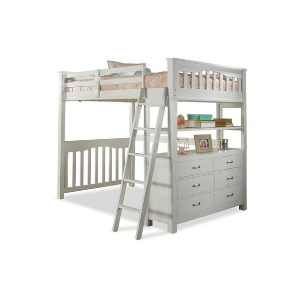 Highlands Full Loft Bed with Hanging Nightstand in White