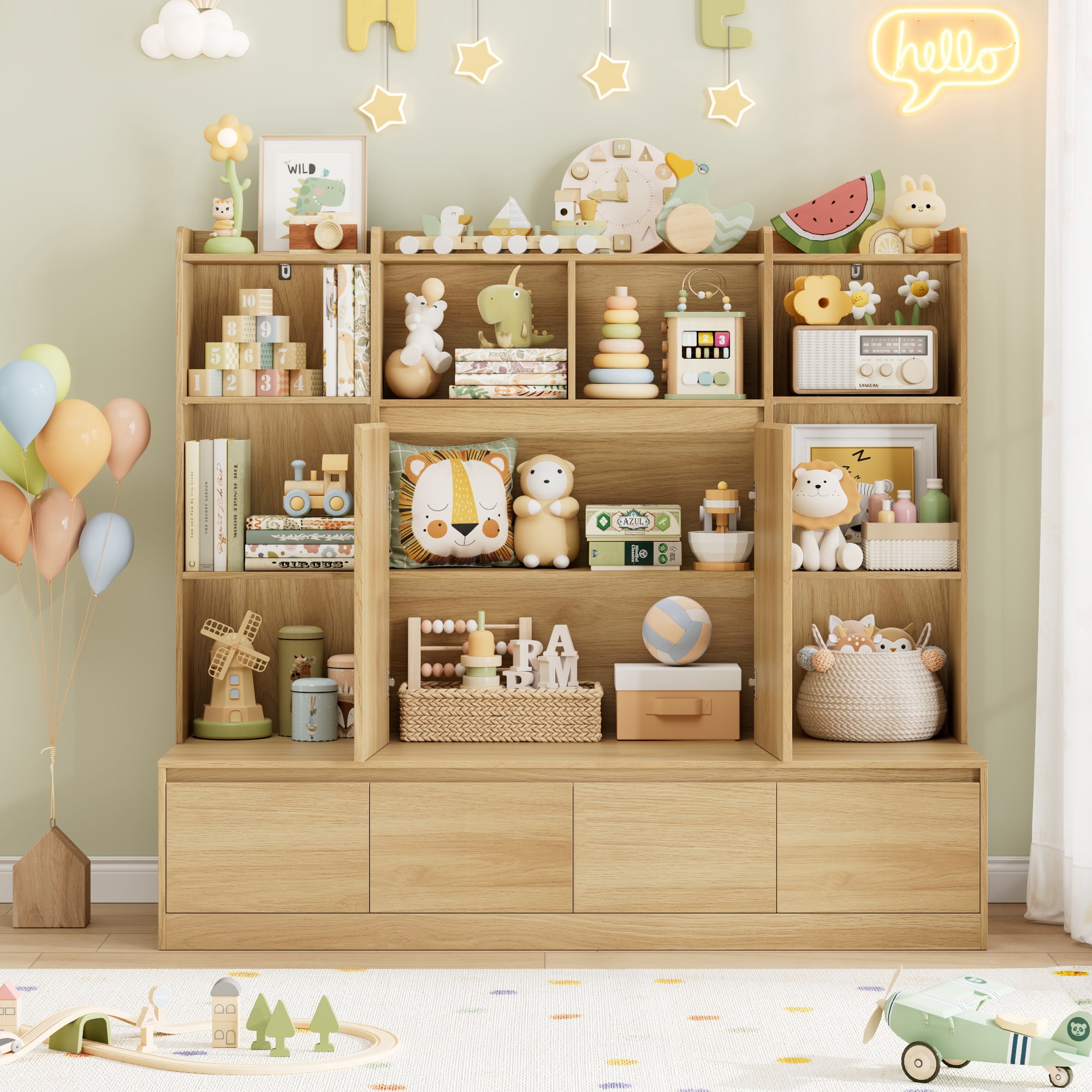 Homfa 10 Cubes Kids Toy Storage Organizer, 4 Drawers Kids Bookcase and Bookshelf with Doors & Adjustable Shelves for Playroom Kids Room, Natural Color