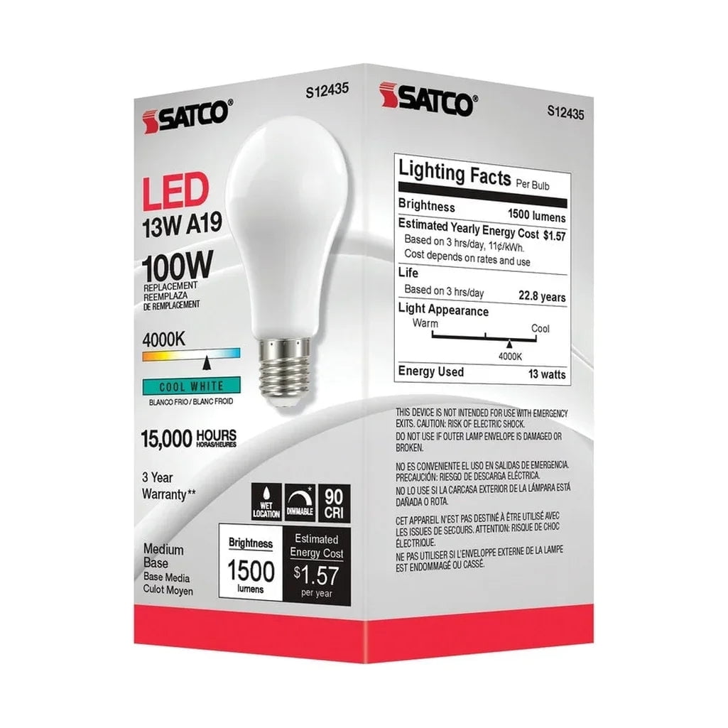 Satco S12435 A19 LED Filament Light Bulbs 1500 Lumens 13.5 Watt E26 Medium Base 4000K Dimmable (6 Pack)