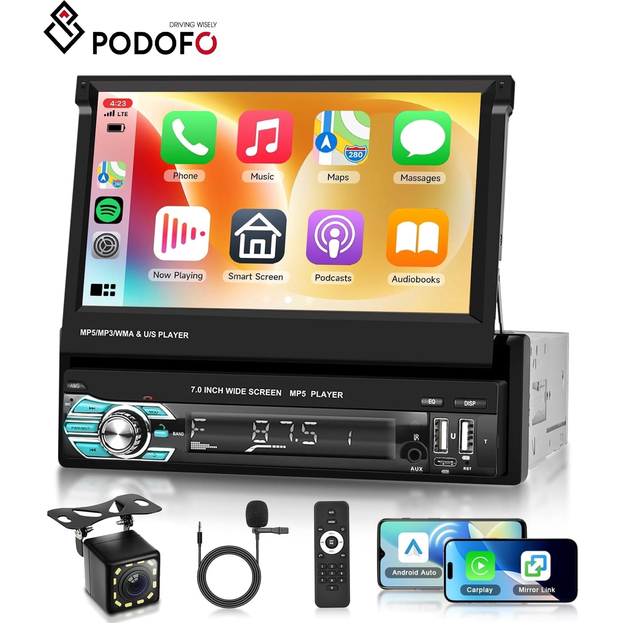 Podofo 7in 1080P Foldable Touchscreen Car Stereo Radio with Wireless Carplay Android Auto Mirror Link Backup Camera