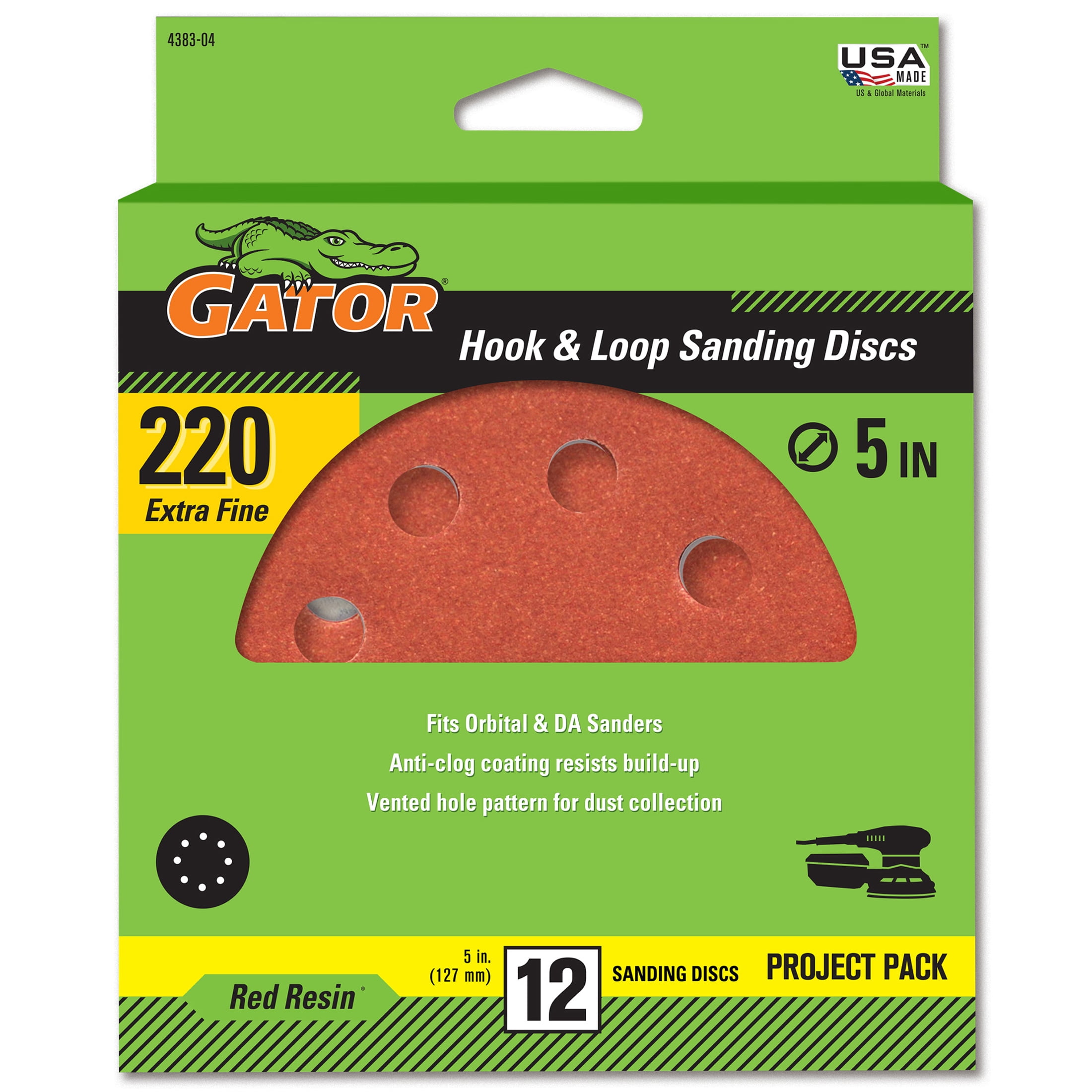 (4 pack) Gator 438304 5 in Extra Fine 220 Grit Hook & Loop Sanding Discs, 12 Pieces