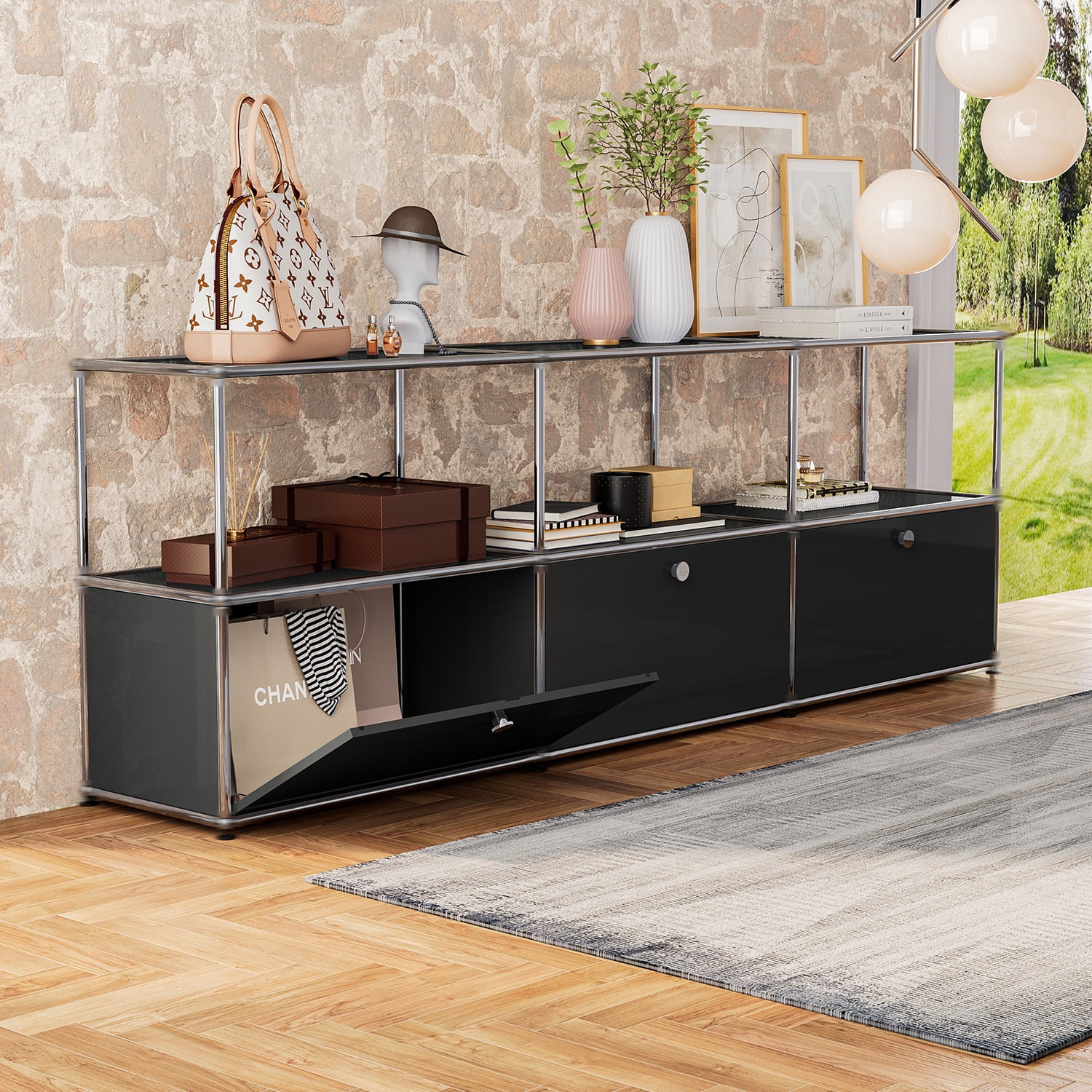 Modern TV Stand for 65-70" TV, Metal Entertainment Center TV Media Console Table with 3 Doors and Shelf, Black
