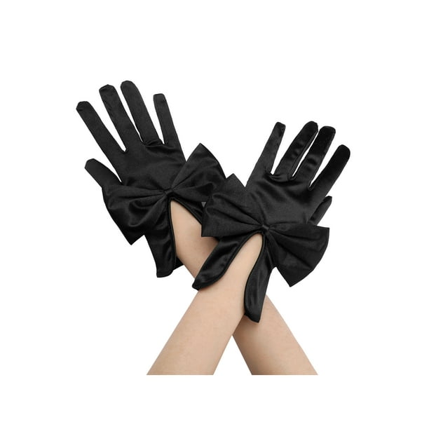 GUANTES DE SATÉN ELEGANTES PARA MUJERES INSPIRE CHIC, GUANTE DE DEDOS COMPLETOS HASTA LA MUÑECA CON DECORACIÓN DE LAZO, TALLA ÚNICA, NEGRO