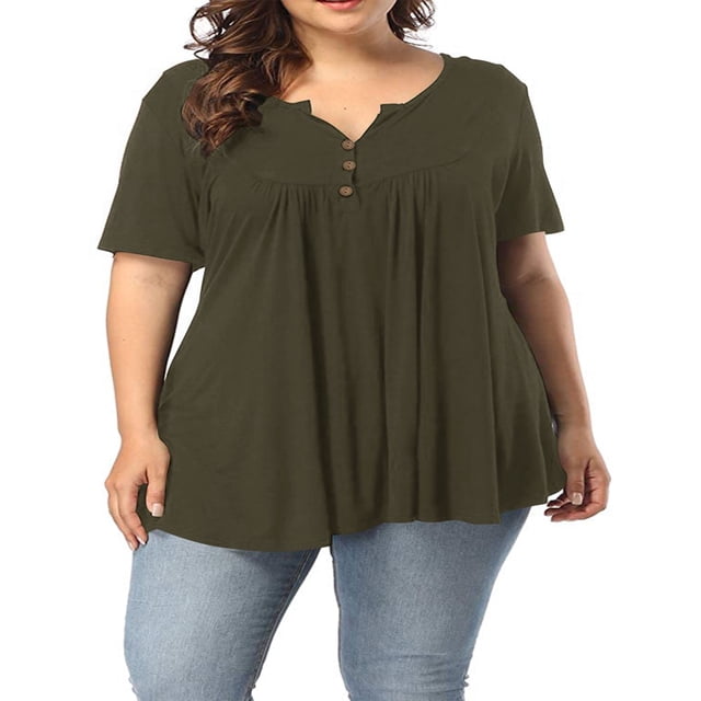 CHOK Chemise Henley Grande Taille pour Femmes Été Décontractée Manches Courtes Col en V Boutonnée Tunique Plissée
