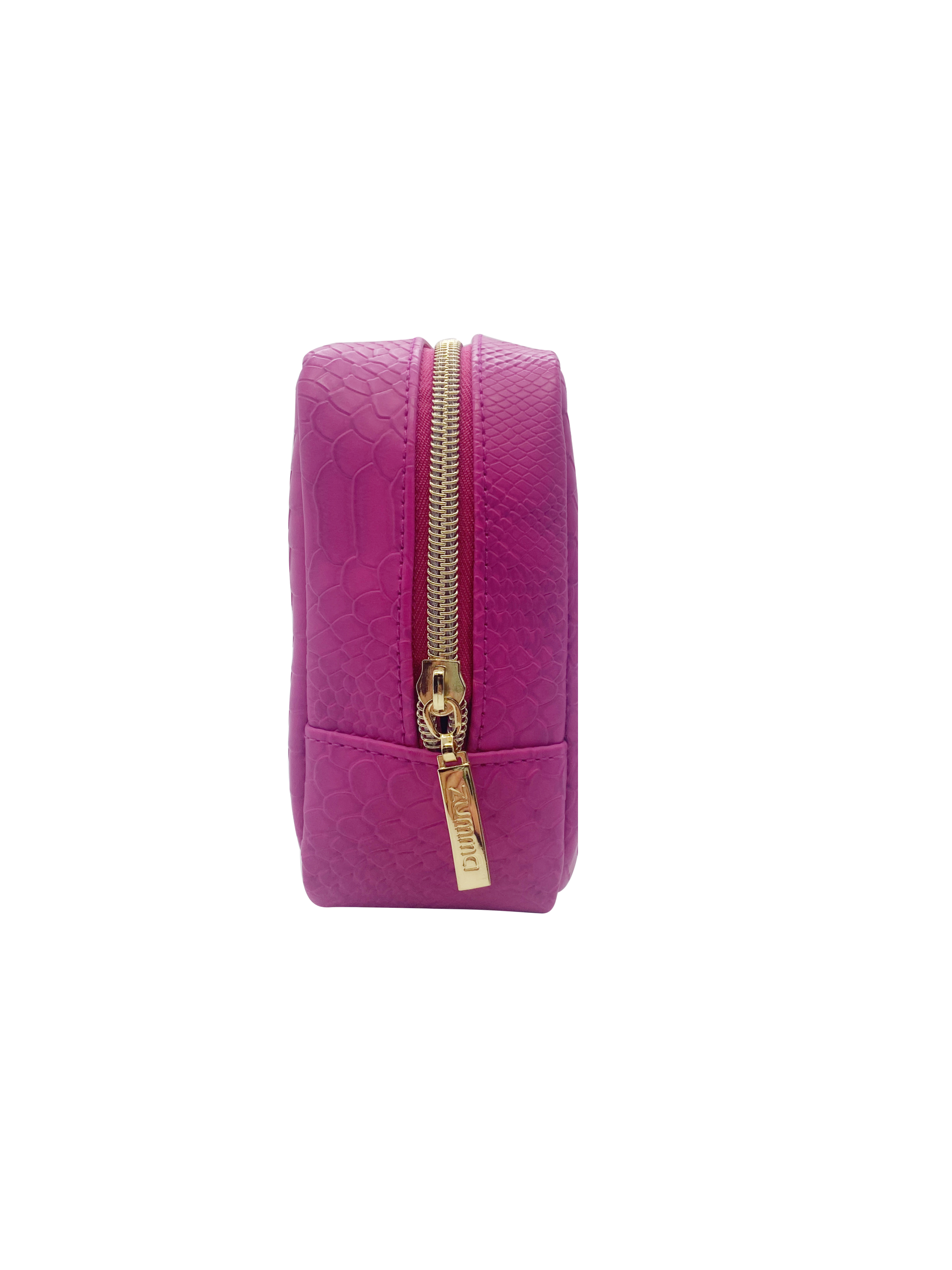 Zumma Makeup Bag, Faux Crocodile Leather, Magenta, with Bonus Brow Kit