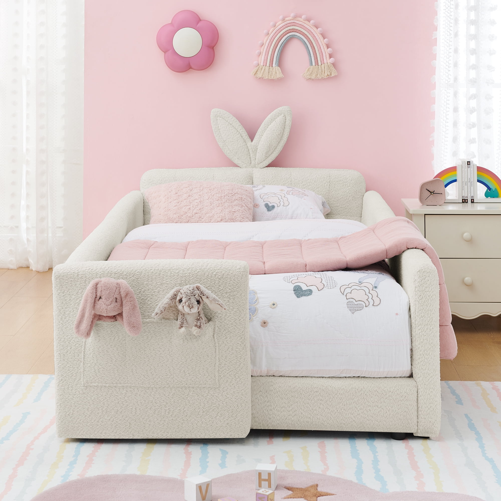 T-Joy Cute Kids Bed with Rail and Pocket, Boucle Wooden Platform Bed with Rabbit Ear, Twin Size, Beige