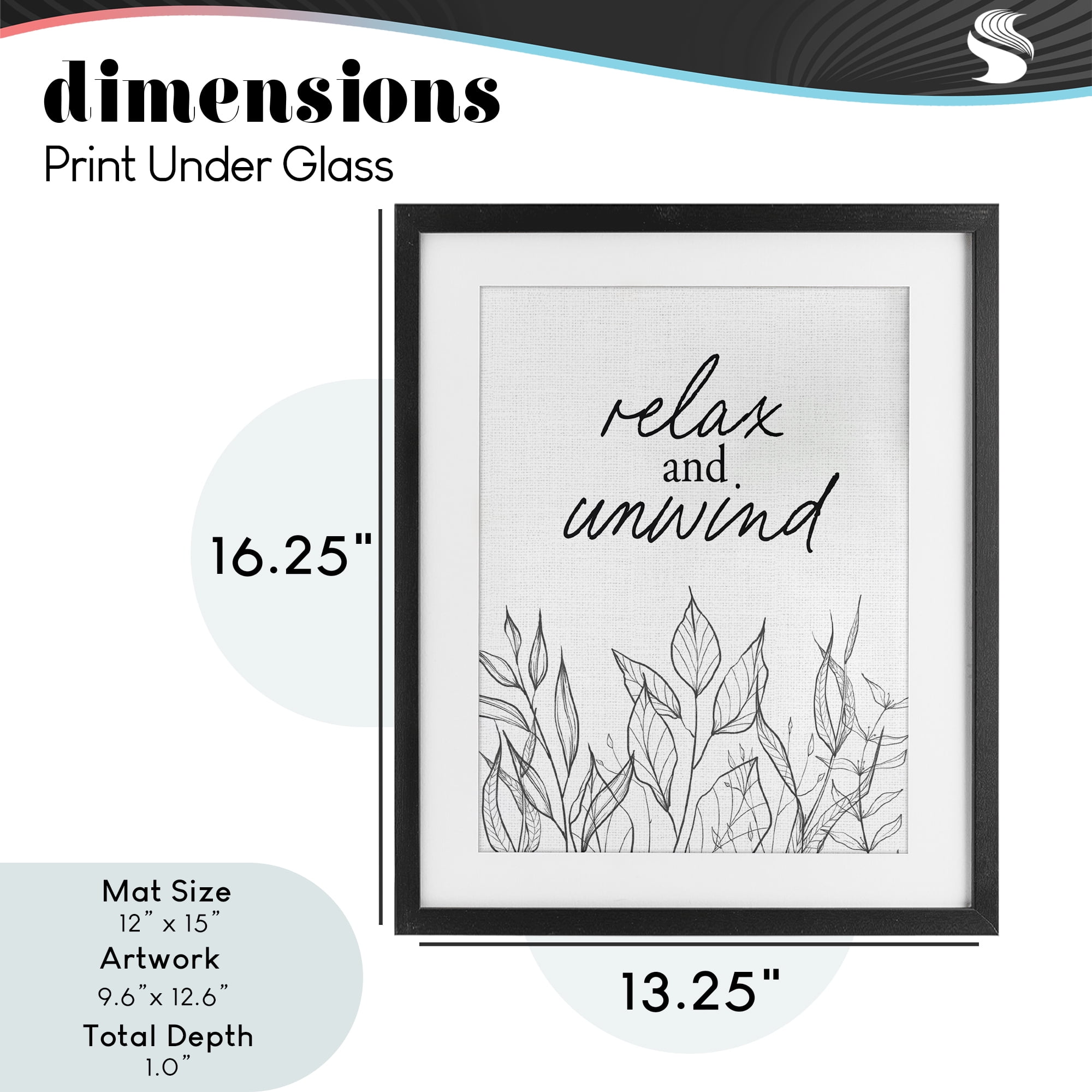 Relax Unwind Minimalist Leaves Black Framed Print Under Glass, design by Lettered and Lined