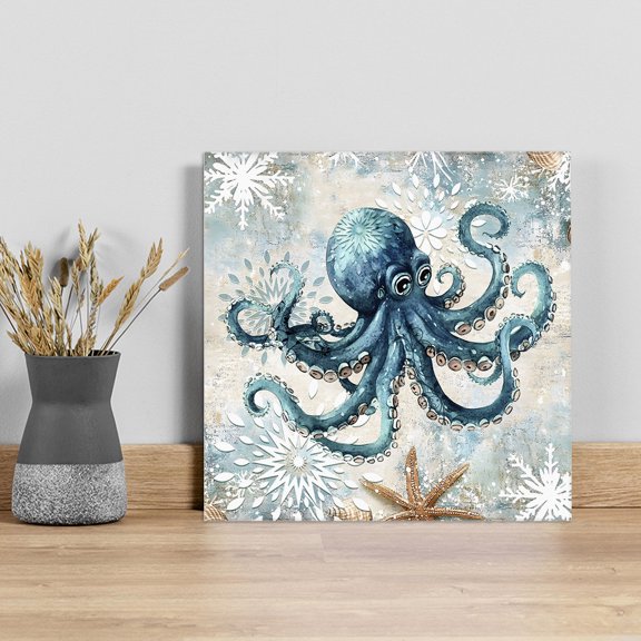 Coastal Octopus Wall Art Painting on Canvas, Nautical Botanical Starfish Canvas Art Home Prints Wall Art Framed Modern Artwork for Living Room Bedroom Wall Decor 8x8in