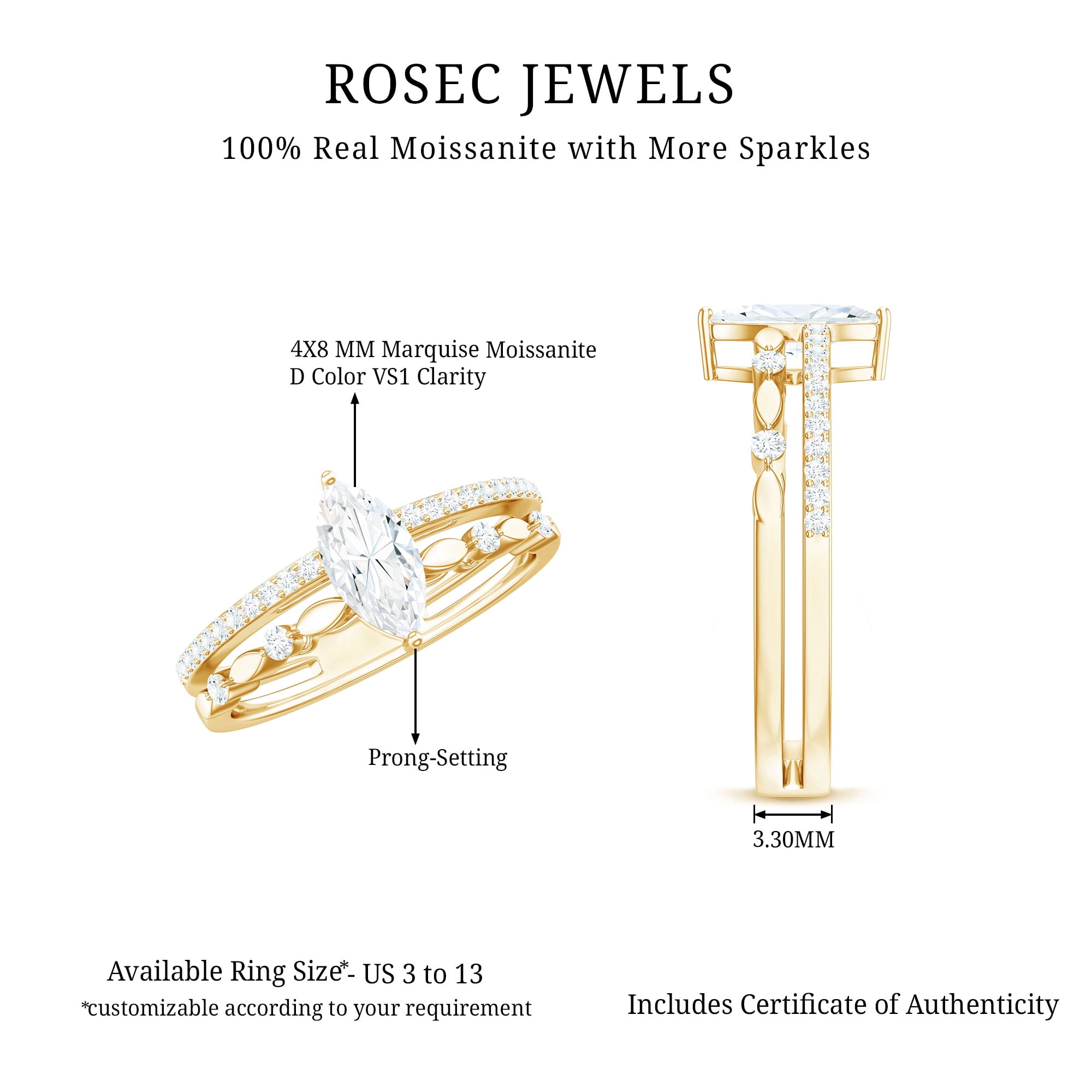 Rosec Jewels Certified Moissanite Marquise Engagement Ring for Women - 4X8 mm - Double Band Ring - D-VS1 Grade, 14K Yellow Gold, US 9.50