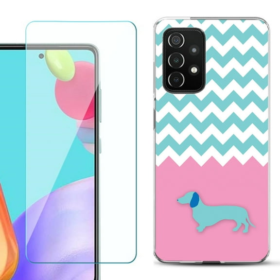 Slim-Fit Flexible Gel TPU Phone Case compatible with Samsung Galaxy A52 5G, with Tempered Glass Screen Protector, by OneToughShield ® - Chevron/Dachshund/Puppy