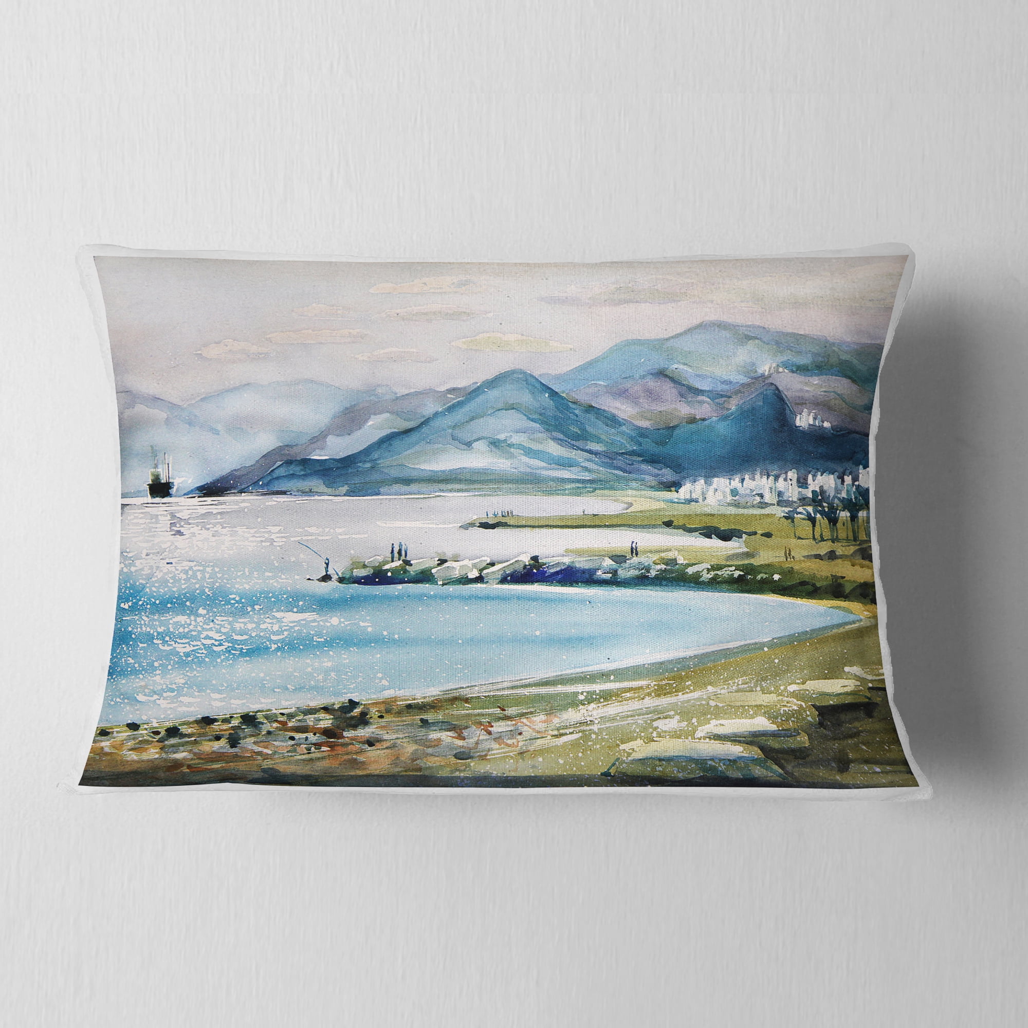 Designart Blue Hills Over Sea - Landscape Printed Throw Pillow - 12x20