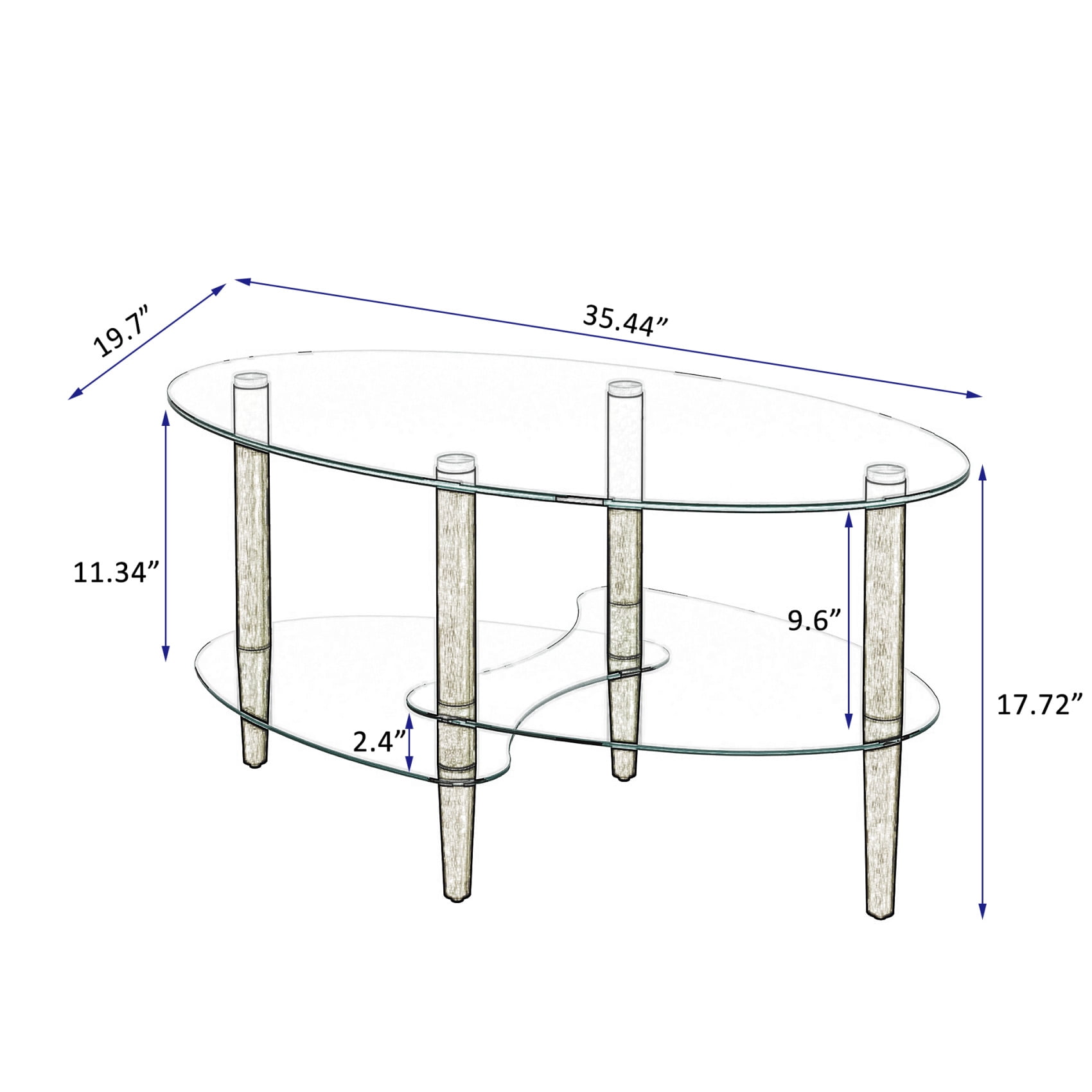 Glass Coffee Table, Modern Multi-Function 3-Layer Oval Tea Table with Wood Legs, Tempered Glass Small Coffee Table for Living Room, Bedroom, Brown