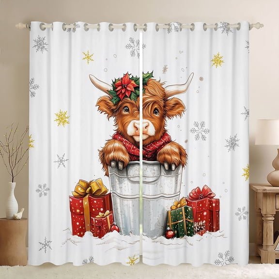 Homewish Merry Xmas Black Out Curtains,Rustic Highland Cattle Curtains Pack of 2 (42x63 Each),Gold White Snowflake Bedroom Curtains For Boys Kids,Microfiber Bedroom Decor