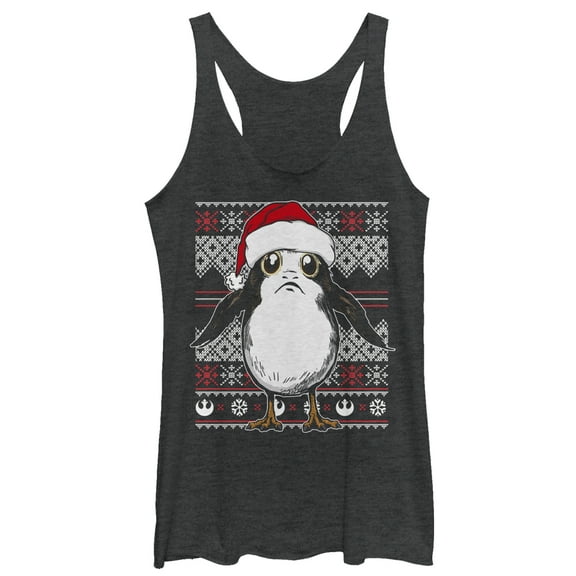 Women's Star Wars The Last Jedi Ugly Christmas Porg Racerback Tank Top Black Heather X Large