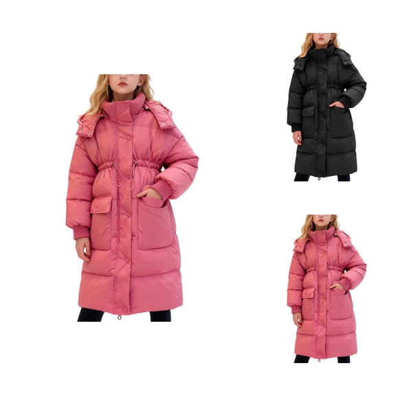 Winter Girls Long Puffer Coat, Insulated Knee-Length Hooded Jacket with Deep Pockets, Warm Thickened Down-Alternative Outerwear for & Kids