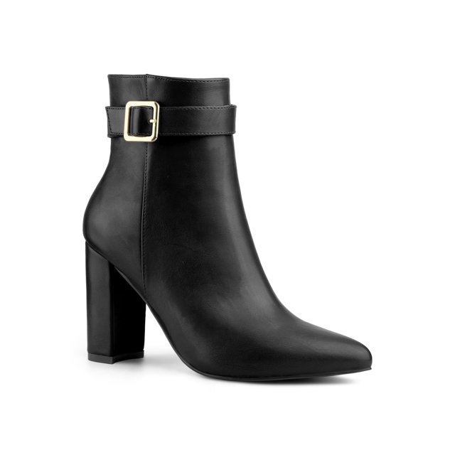 Unique Bargains Women's Pointed Toe Buckle Decor Zipper Chunky Heel Ankle Boots