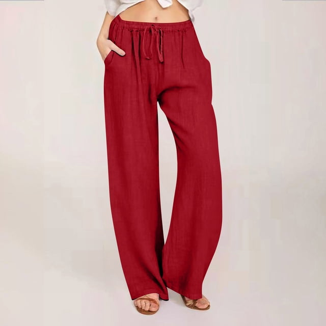 Miqool Women's Linen Palazzo Pants, High Waisted Summer Casual Drawstring Wide Leg Flowy Beach Pants with Pockets (Available in Plus Size)