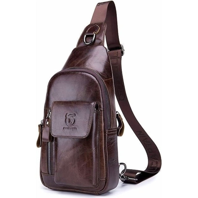 BULLCAPTAIN Bolso Cruzado de Cuero Genuino para Hombre, Mochila Cruzada con Correa Ajustable, Cierre de Zíper., Marrón Café