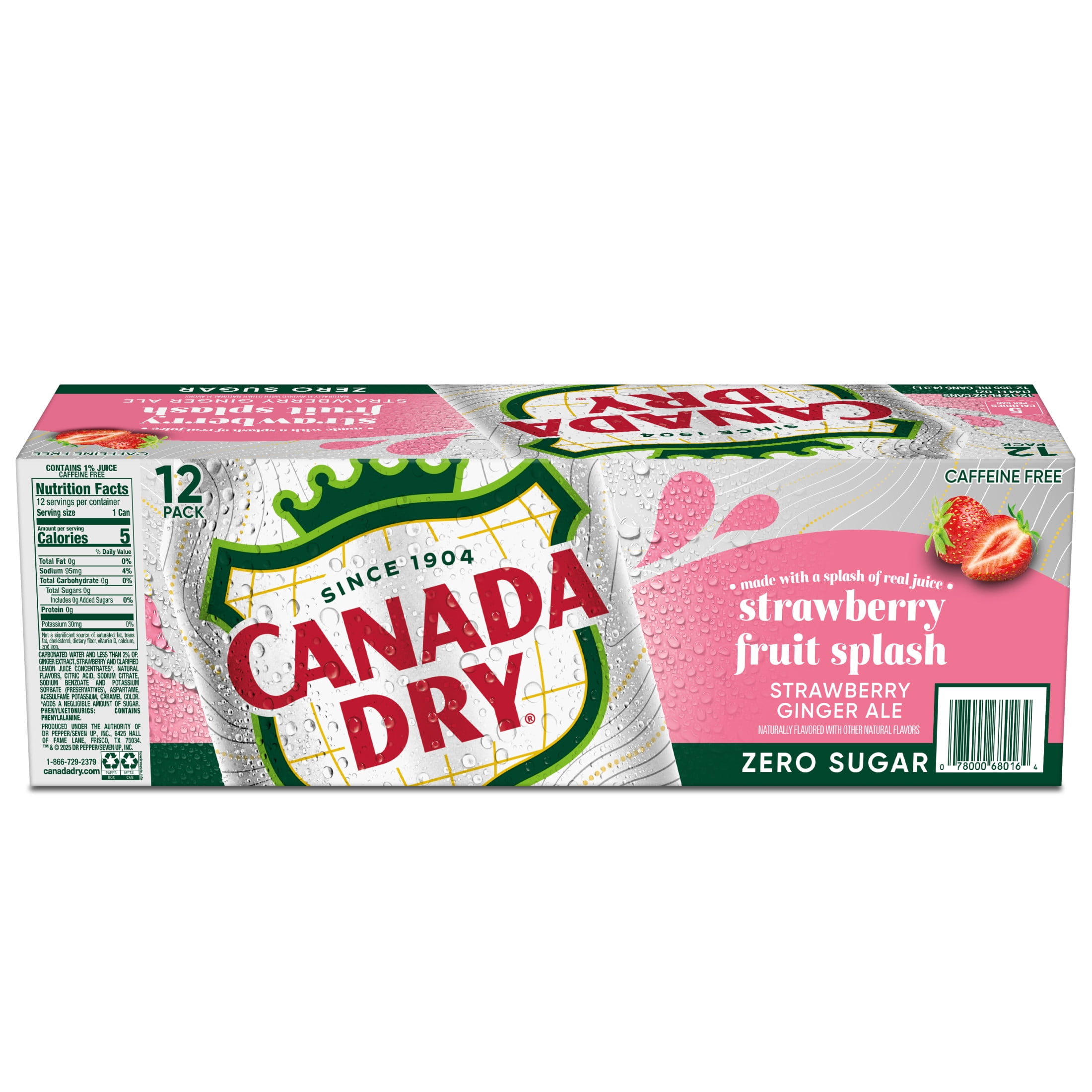 Canada Dry Caffeine Free Zero Sugar Fruit Splash Strawberry Ginger Ale Soda Pop, 12 fl oz, 12 Pack Cans