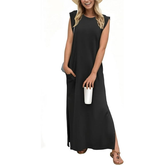 Women Summer Casual Round Neck Loose Split Long Maxi Dress with Pockets (S-XXL) for Vacation Daily Wear