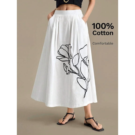 White Womens 100% Cotton A-Line Midi Skirt With Black Floral Embroidery And Side Pockets
