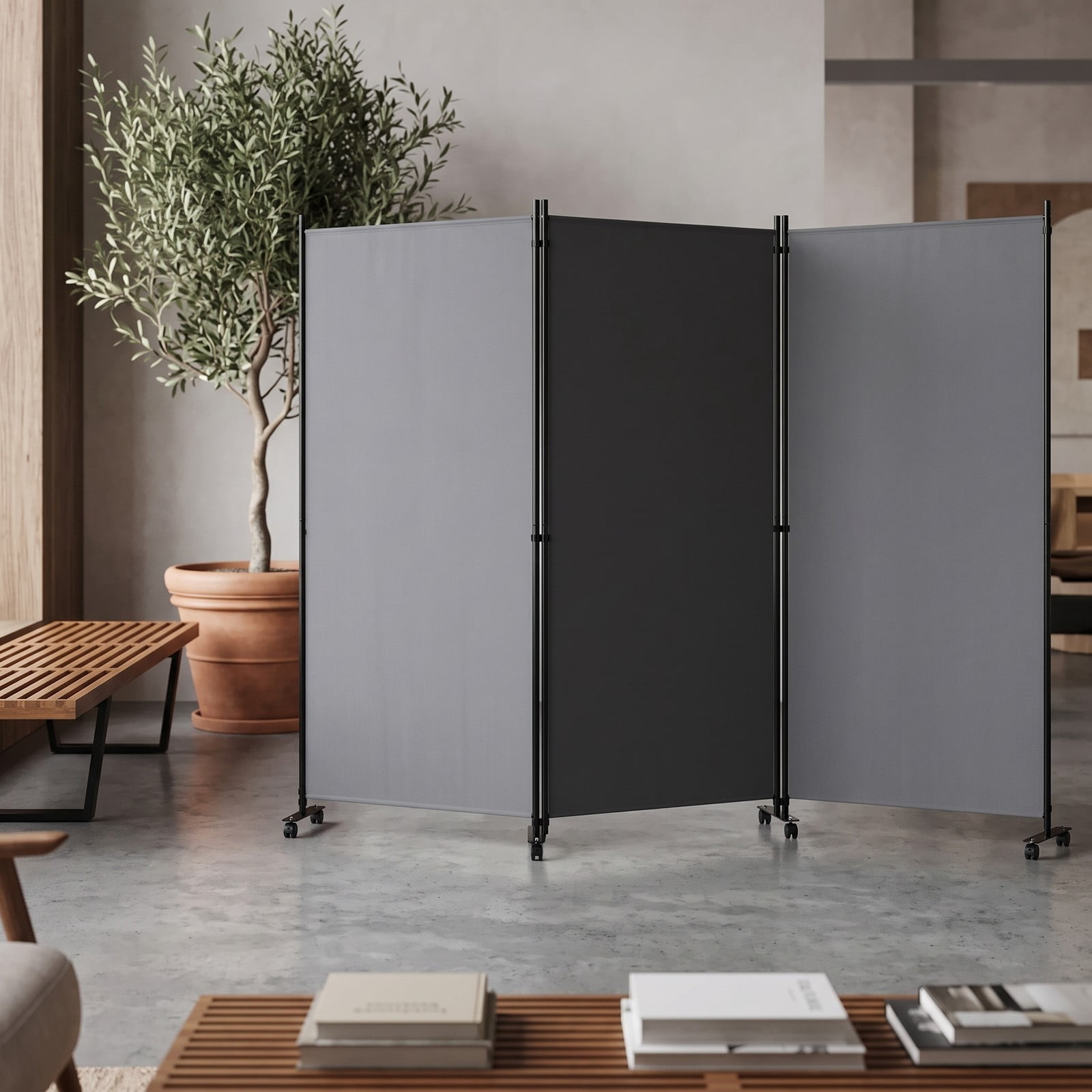 Fenbeli 4 Panel Folding Room Divider Privacy Screen with Wheels, Freestanding Polyester Fabric Partition with Metal Frame for Living Room Bedroom Office, Gray