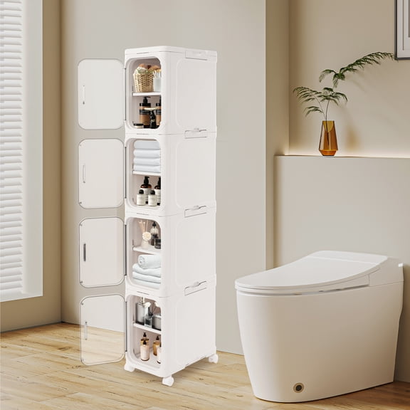 White PP 33x20x127cm Four-Layer Rack Narrow Folding Lockers With Wheels