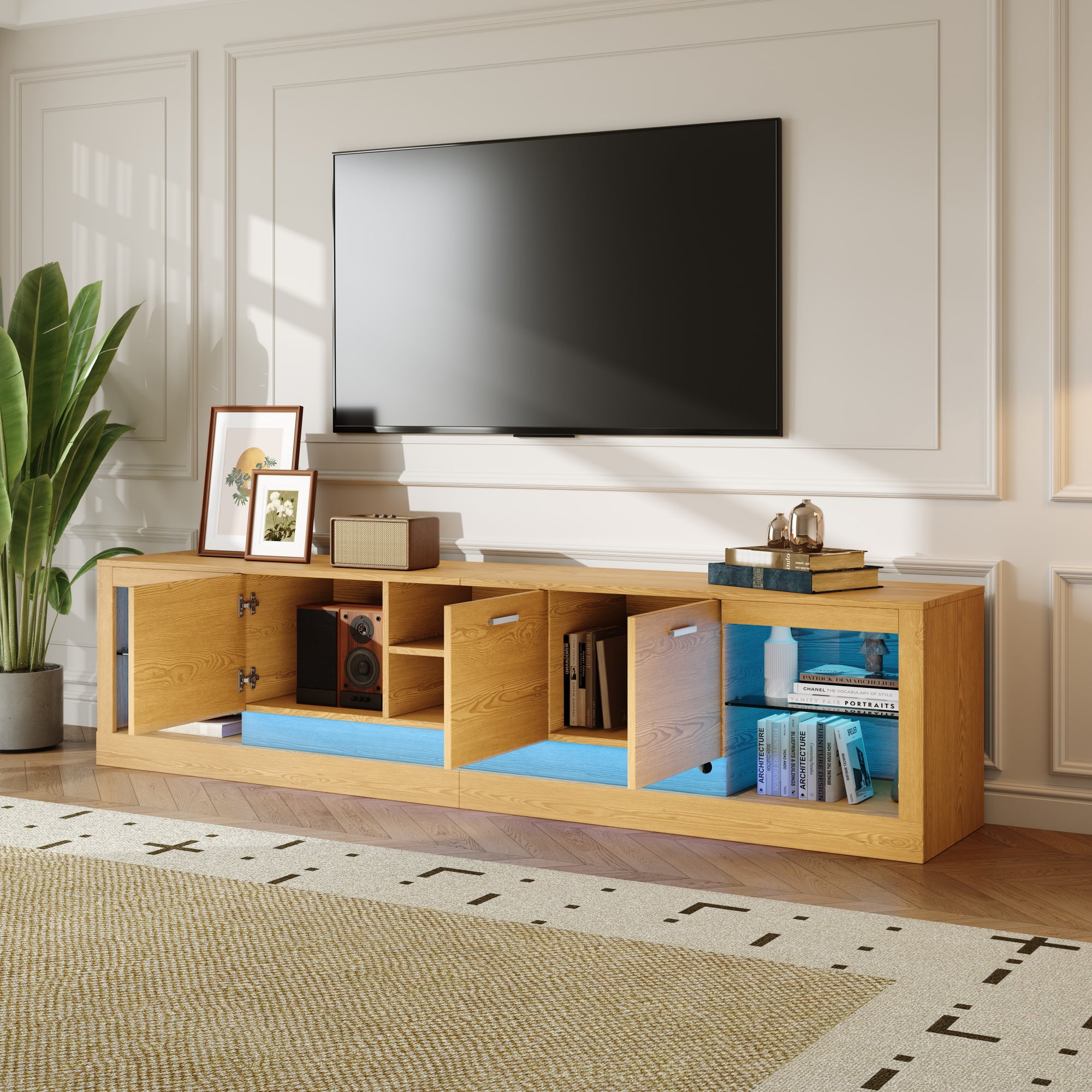 PORKISS LED TV Stand for up to 85" TVs, 78.7" Large Entertainment Center Console Table Open Shelf with 4 Storage Cabinets, Natural Wood