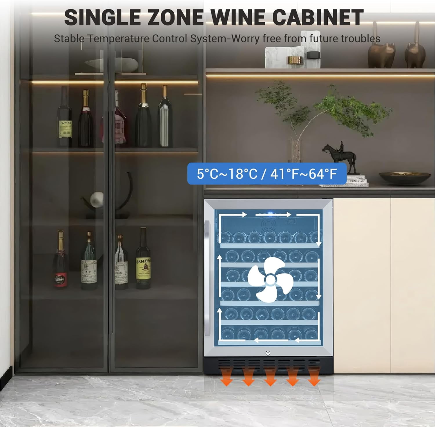 Homhougo Wine Cooler Refrigerator with LED Display - 24 Inch Under Counter Wine Fridge Cabinet, Beverage Cooler with Quiet Compressor & Smart Temperature Control - 46 Bottle Capacity, Black
