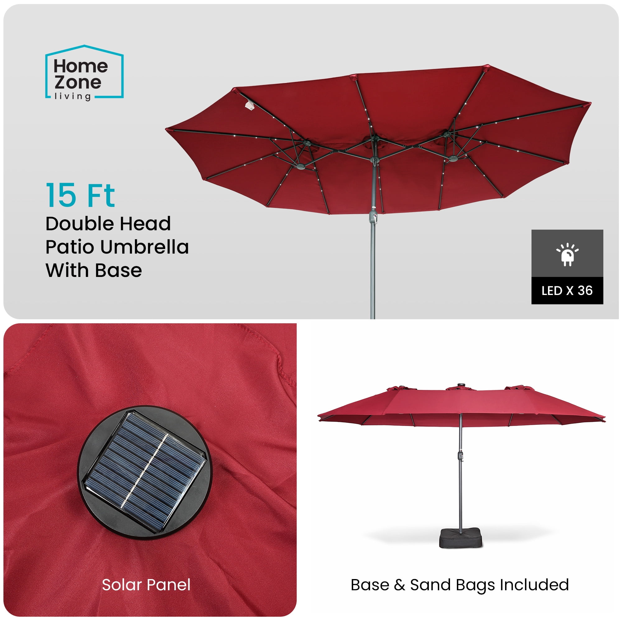 Home Zone Living 15x9 Ft Double Head Patio Umbrella with Base, 36 LED Lights, Sand Bags, UV resistant & Waterproof, 213 LBS Total Weight, Burgundy Red