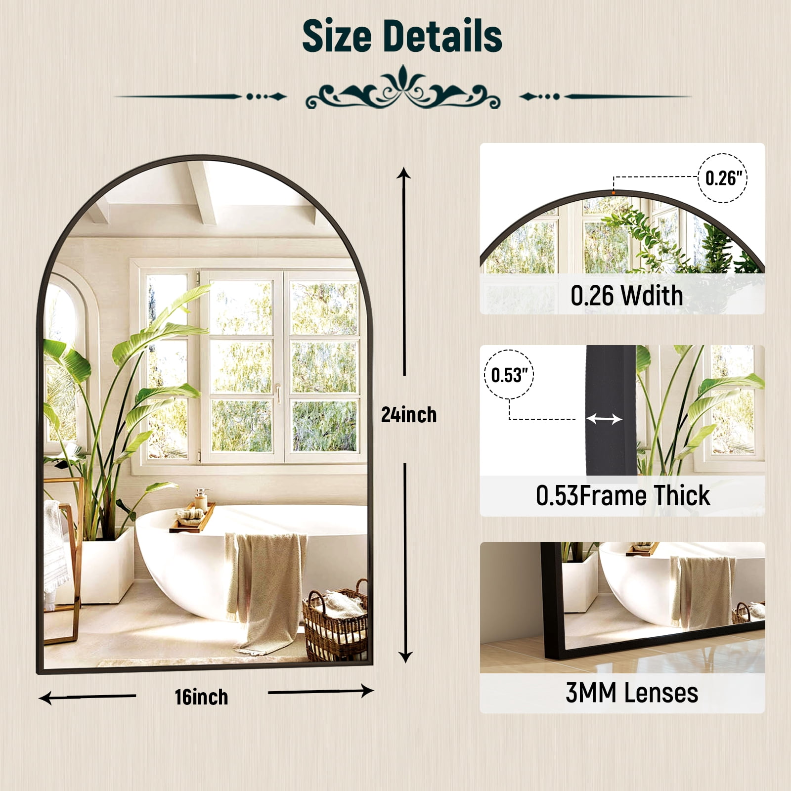 SHATTERVIEW 16"x24" Arched Bathroom Mirror Vanity Wall Mounted Mirror, Black