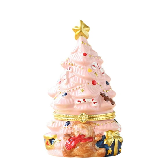 Mini Christmas Tree Storage Jar - 4.35 Inch Ceramic Christmas Candy Jar, Small Holiday Treat Container, Cute Xmas Tabletop Decor & Trinket Box, Festive Christmas Gift