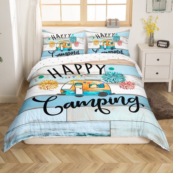 Erosebridal Cartoon Car Comforter Cover Twin,Happy Camping Bedding Twin Size,Lodge Cabin Duvet Cover Twin,Breathable Boys Bedroom Decor(No Comforter),Reversible,3pcs