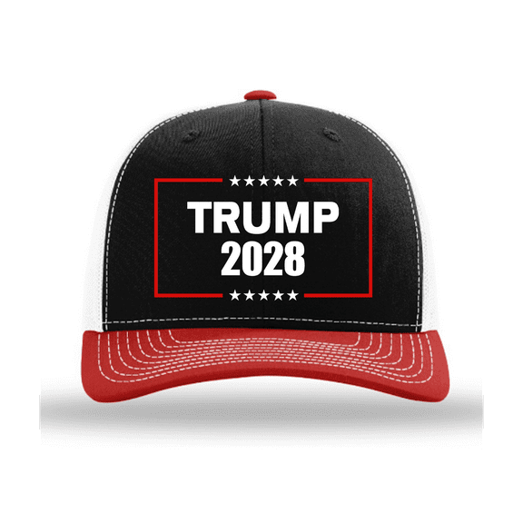 Patriot Pride Men's Trump 2028 Stars Embroidered Snapback Trucker Hat - Mesh Back Design, Black/Red/White