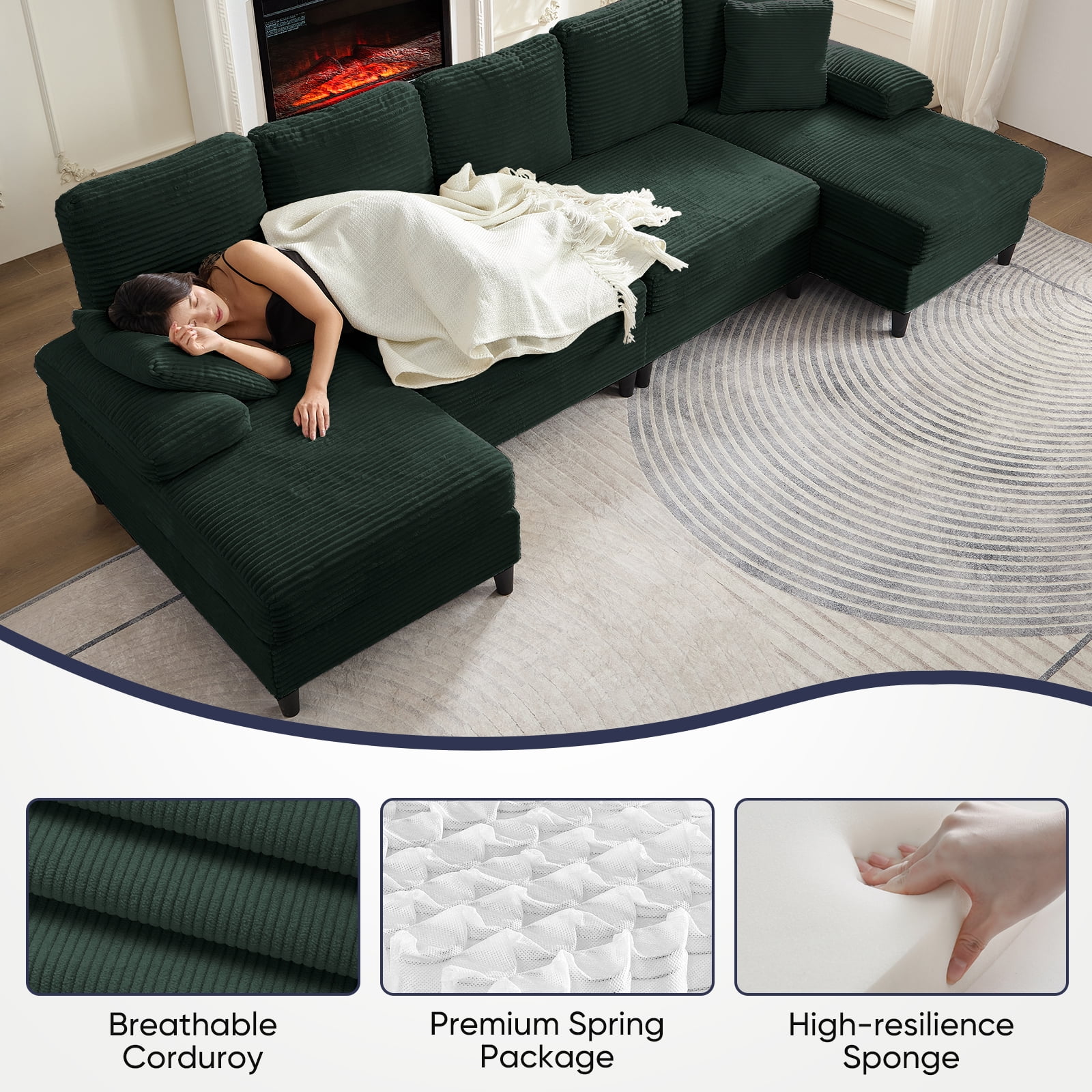 Mjkone U-Shaped Sectional Sofa, 4 Seats Corduroy Couch with Double Chaise for Living Room - Green