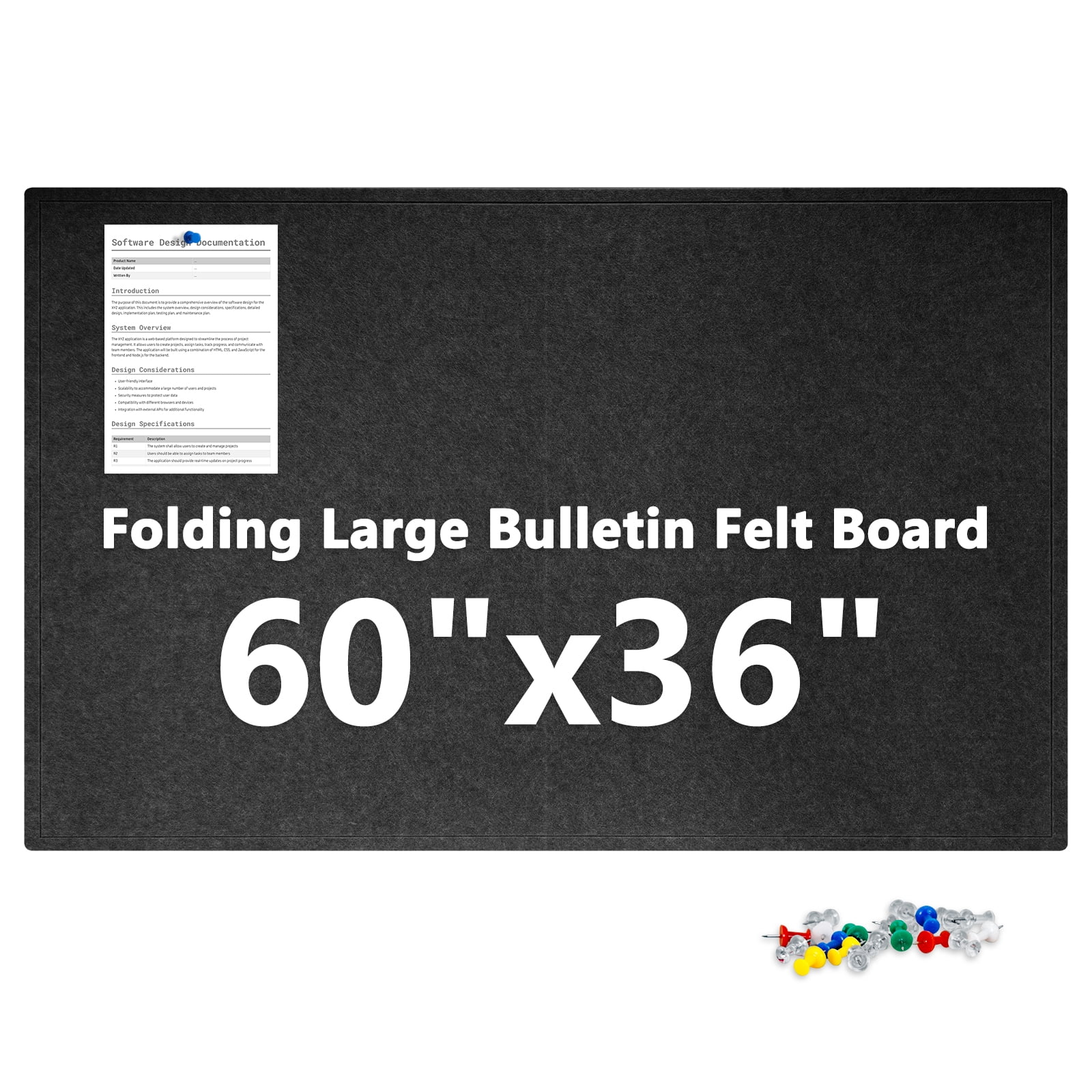 60"x36" Black Large Bulletin Board Decorative Foldable Felt Pin Board Square Felt Wall Tiles Photo Display Board for Wall Cork Boards DIY Vision Board with Self-Adhesive Tape Home School Office Decor