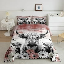 YST Highland Cow Print Comforter Set King,Red Western Farmhouse Bedding Sets Rustic Home Decor,Longhorn Cattle Farm Animals Bed Set Graffiti Daisy Flower Quilt Cowboys Gifts for Men Women