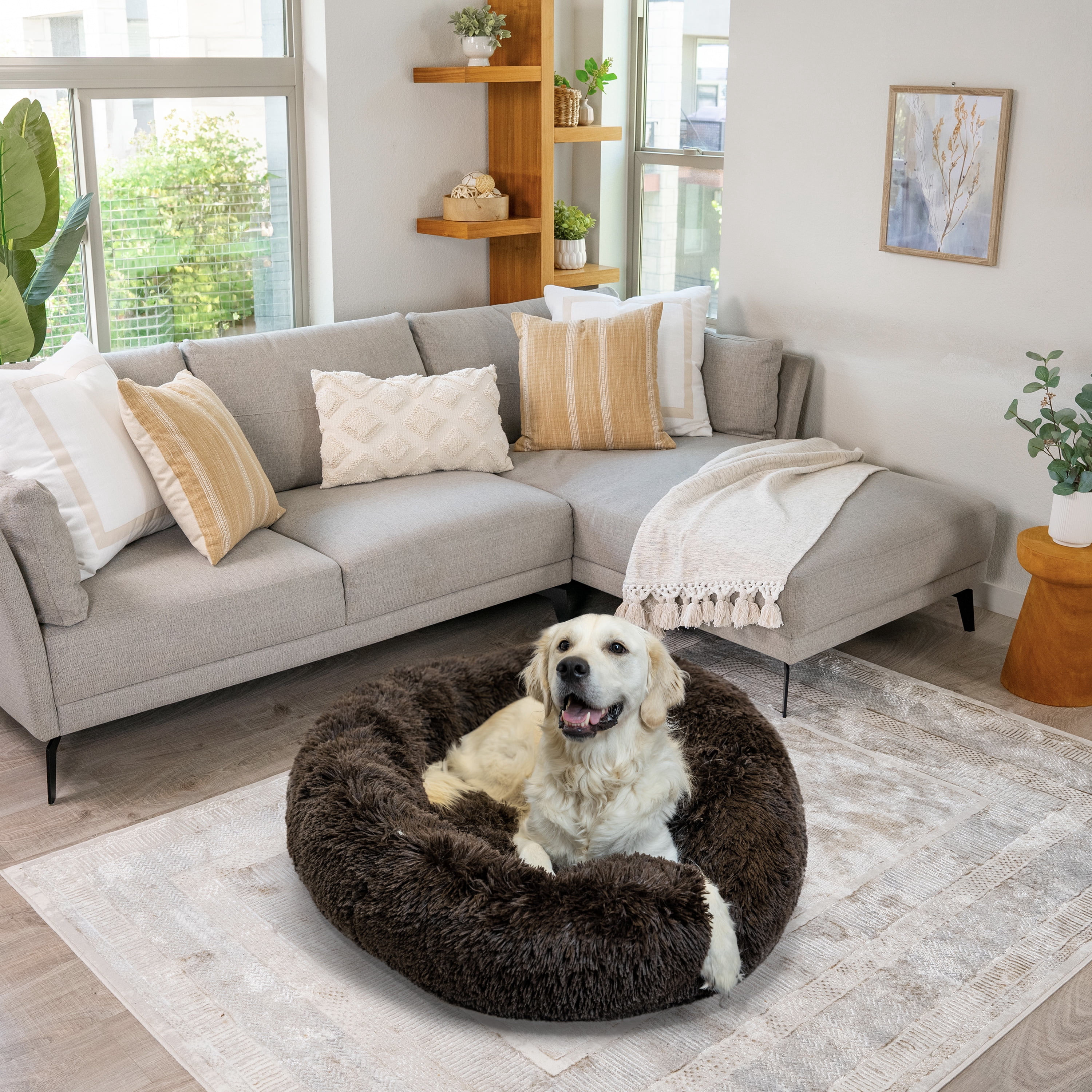 Best Friends by Sheri The Original Calming Donut Dog Bed – Washable Plush Pet Bed for Large Breeds up to 100 lbs, Shag Faux Fur, Dark Chocolate, Large (36" x 36")