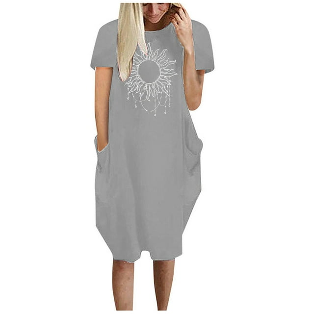 Robes d'Été pour Femmes Manches Courtes Décontractées T-Shirts Robe Imprimée Col Rond Confortable Longueur Genou avec Poches A1