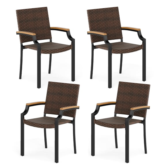 Gymax Stacking Wicker Chairs Set of 4 w/Acacia Wood Armrests & Metal Frame Outdoor