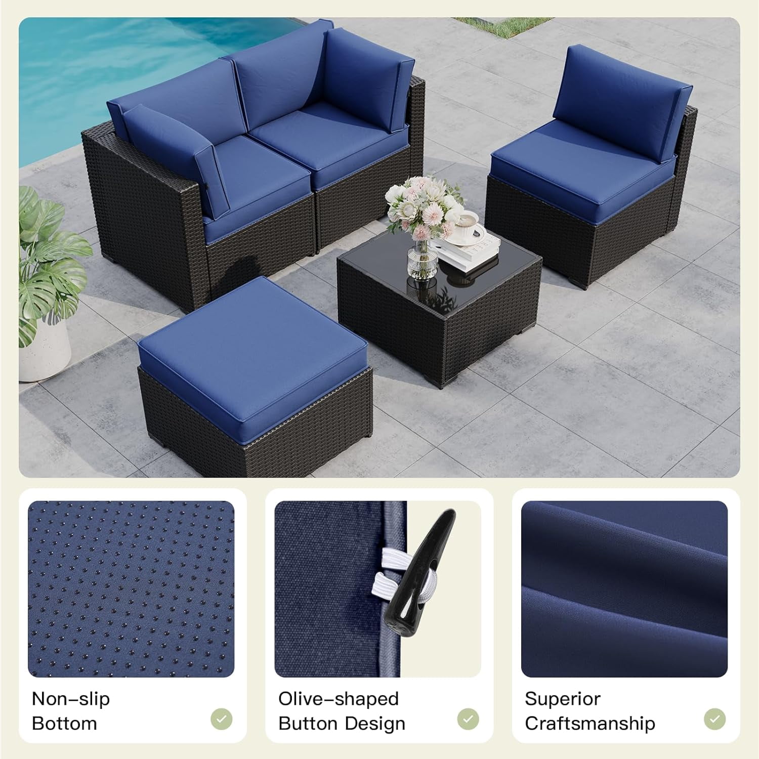 Patio Furniture Replacement Cushions for Outdoor Furniture Set of 4, Patio Sofa Cushions for Outdoor Furniture, 9-Piece Splashproof Fade Resistant Cushions for Outdoor Couch, Navy Blue