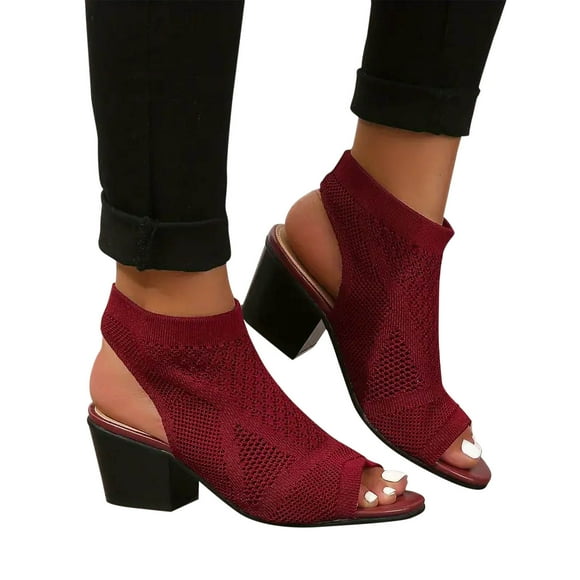 Cameland Women's Chunky Heeled Sandals Knitting Peep Toe Slip On Slingback Low Heels Fashion Fabric Sandals